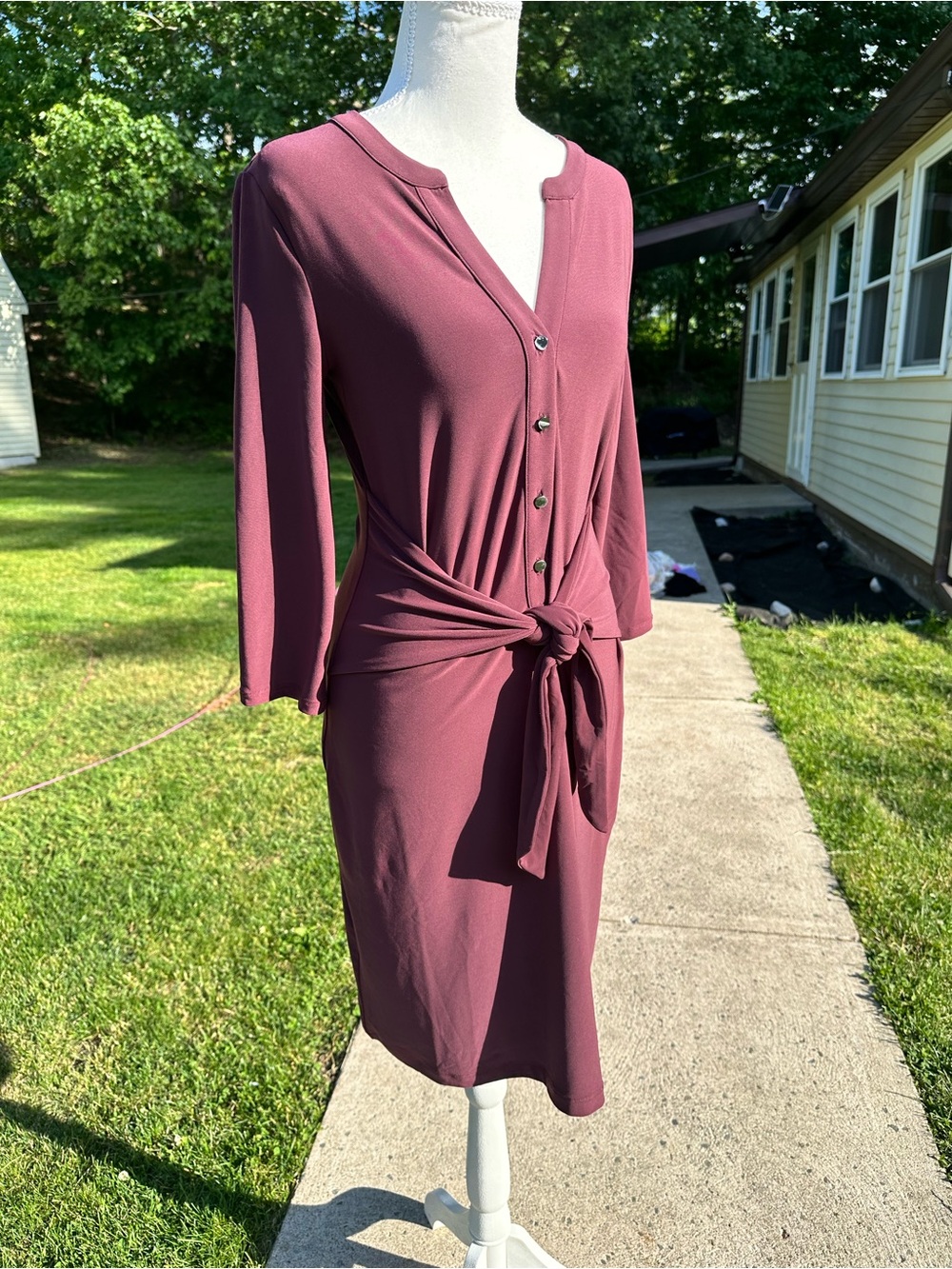WHBM Women's Mauve Tie-Waist Button Front Dress